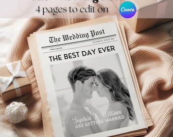 wedding gazette, wedding newspaper template Canva, printable wedding invitation, editable personalized newspaper