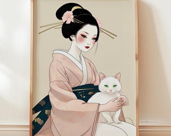 Geisha with cat, minimalist and aesthetic wall decoration, unframed wall decoration, japan poster