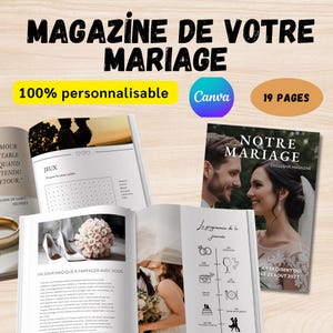 Peut inclure: Une couverture de magazine avec le titre "Notre Mariage" (Notre mariage) en texte blanc sur fond noir. La couverture présente une photo d'un couple souriant l'un à l'autre. Le magazine compte 19 pages et est personnalisable. Le texte "100% personnalisable" (100% personnalisable) est en texte jaune sur fond blanc. Le texte "Canva" est en texte blanc sur fond bleu. Le texte "19 Pages" est en texte blanc sur fond orange.