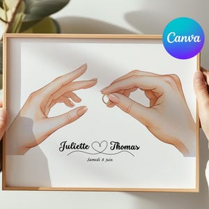 Może przedstawiać: Ilustracja w ramie przedstawiająca dwie dłonie sięgające do siebie z złotym pierścionkiem między nimi. Pod dłońmi widnieje tekst "Juliette ♥ Thomas" i "Samedi 8 juin".