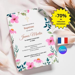 Baptism Card, Printable Baptism Card, Editable Name and Date, Editable, Flower Baptism Invitation Card, Printable,