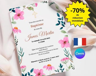 Carte de baptême, carte de baptême imprimable, nom et date modifiables, modifiable, carte d'invitation de baptême de fleurs, imprimable,