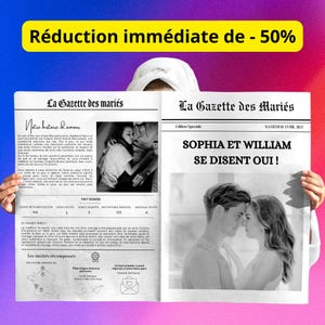フランスのウェディングガゼット – カスタマイズ可能な Canva テンプレート |結婚式のお知らせと招待状 | 4 ページ | A3、A4 形式