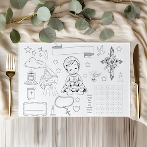 Peut inclure: Set de table imprimable noir et blanc sur le thème religieux. Il représente un enfant en prière, une croix, une colombe, une bougie, un chapelet et un mot croisé. Les mots du mot croisé sont : Chant, Cierge, Eau, Fete, Joie, Parrain, Priere, Robe.