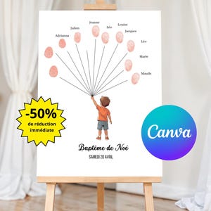 Peut inclure: Impression sur toile blanche sur chevalet, avec un enfant tenant une chaîne d'empreintes digitales. L'impression comprend des noms, le texte "Baptême de Noé" et la date "SAMEDI 20 AVRIL". Une étoile jaune indique une réduction de 50%.