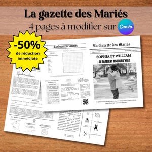 Peut inclure: Un modèle de journal noir et blanc pour une annonce de mariage. Le titre est "Sophia et William se marient aujourd'hui !" avec une photo du couple qui s'embrasse. Le modèle comprend une grille de mots croisés, un menu et une carte.