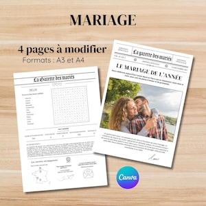 Peut inclure: Un modèle d'annonce de mariage imprimable dans le style d'un journal. Le titre principal est "Le Mariage de l'Année" et présente une photo d'un couple qui s'embrasse. Le modèle comprend une grille de mots croisés, une section "fait divers" et une carte de France avec des punaises marquant des emplacements.