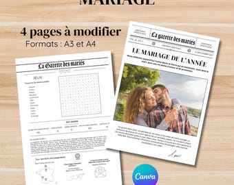 French Wedding Gazette – Customizable template on Canva | Wedding Announcement & Invitation | 4 pages in A3 and A4 formats