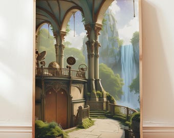 Observatory Poster – Original Wall Decor Poster – Elven Illustration – Gift Idea for Fantasy Lovers – Waterfall Poster