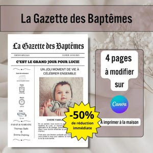 Peut inclure: Une annonce de baptême de bébé de style journal. Le titre est "C'est le grand jour pour Lucie". L'annonce comprend une photo du bébé, une liste de détails de naissance et les noms des parrains. L'annonce comprend également une réduction de 50%.