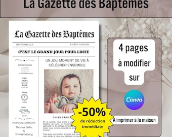Gazette de Baptême Personnalisable - Modèle Canva 4 Pages