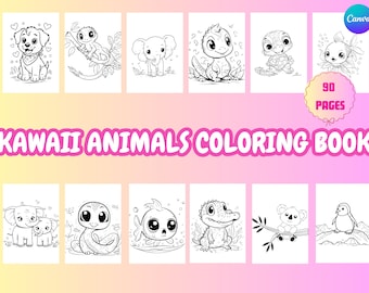 Libro para colorear de animales kawaii: 90 páginas fáciles para niños pequeños (descarga digital)