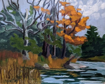 Original Ölgemälde, Seeufer im Herbst, impressionistische Malerei, 20 x 25 cm, alla prima, ungerahmt, von Laurel Martin