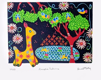 Jungle Theme Limited Edition Print Toy Giraffe Kids Room Nursery Decor Linocut Print Handmade by Laurel Martin 6.5 by 8.25 Inches