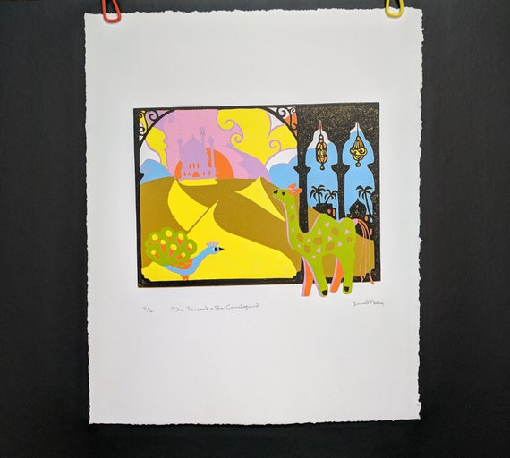 Jungle Theme Limited Edition Print Toy Giraffe Kids Room Nursery Decor Linocut Print Handmade by Laurel Martin 6.5 by 8.25 Inches