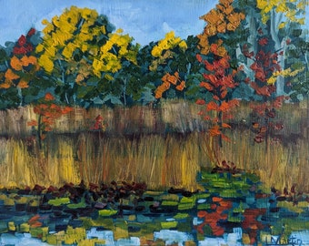 Original Ölgemälde, impressionistische Malerei, Sumpf im Herbst, 20 x 25 cm, alla prima, ungerahmt, von Laurel Martin