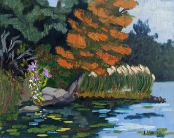 Original Oil Painting, Lakeside Flowers, Impressionist painting, 8 by 10 inches, alla prima, unframed, by Laurel Martin