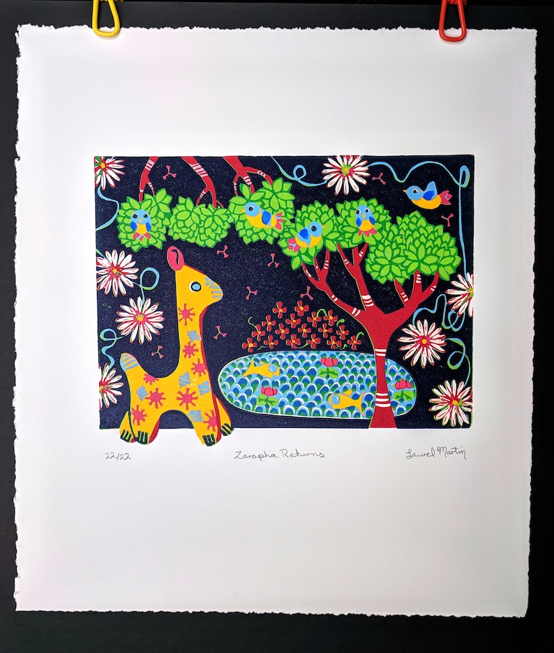 Jungle Theme Limited Edition Print Toy Giraffe Kids Room Nursery Decor Linocut Print Handmade by Laurel Martin 6.5 by 8.25 Inches