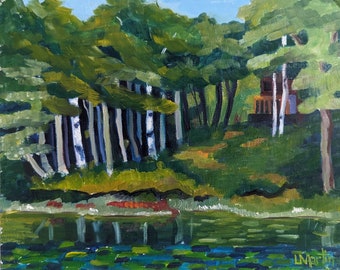 Original Ölgemälde, Among the Trees, impressionistische Malerei, 20 x 25 cm, alla prima, ungerahmt, von Laurel Martin