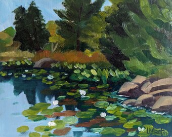 Original Ölgemälde, Teichlilien am Ufer, impressionistische Malerei, 20 x 25 cm, alla prima, ungerahmt, von Laurel Martin