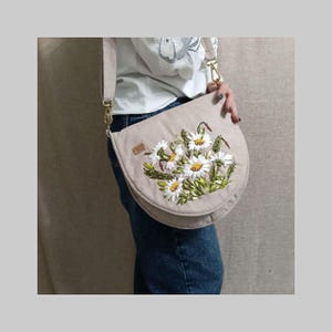 Hand Embroidered Linen Shoulder Bag: Daisy Ribbon Art