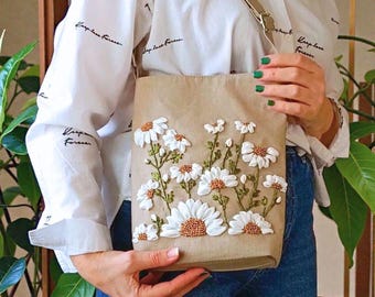 Handmade Daisy Ribbon Embroidered Crossbody Bag, Floral Shoulder Purse, Beige Boho Bag, Cottagecore Gift for Women
