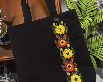 Hand bestickt Floral Einkaufstasche, Schwarz Canvas Shopper mit Sonnenblume Design