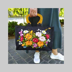 Denim Embroidered Bag: Handmade Ribbon Art, Wooden Handle