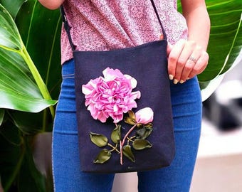 Embroidered Peony Denim Crossbody Bag, Handmade Floral Purse