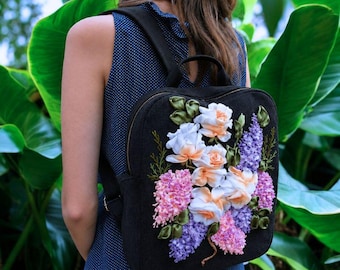 Black Floral Embroidered Backpack, Handmade Ribbon Embroidery Backpack, Lilac & Rose Backpack, Boho Travel Bag, Gift for Her