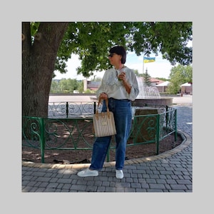 Handmade bag made of cotton rope - eco-friendly tote bag, Ukrainian style.Beige shoulder bag, a gift for her. Made in Ukraine