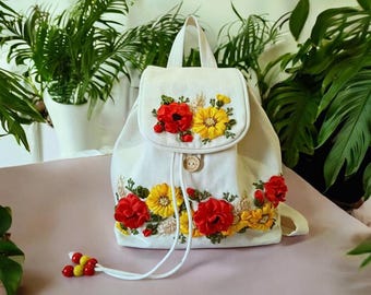 Backpack Embroidered With Ribbon Flowers | Handmade Backpack 