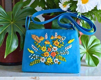 Handmade Ribbon Embroidered Crossbody Bag, Wildflower Purse, Blue Floral Shoulder Bag, Cottagecore Gift for Women