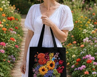 Blumen Band bestickt Tragetasche, Handgefertigte Schwarze Umhängetasche