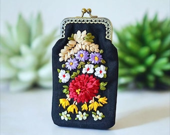 Handmade Embroidered Ribbon Glasses Case - Floral Denim Eyeglass Pouch