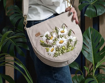 Beige Crossbody Bag with Daisy Ribbon Embroidery, Handmade Floral Shoulder Bag, Boho Embroidered Purse, Gift for Her
