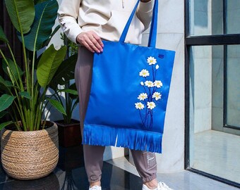 Handmade Denim Beach Bag: Ribbon Embroidered Daisies