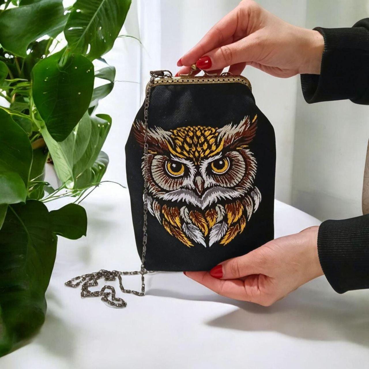 Owl Phone Crossbody Bag, Embroidered Owl Purse, Handmade Phone Bag, Small Crossbody Pouch, Owl Lover
