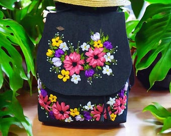 Handmade Embroidered Wool Backpack, Floral Applique  display picture 2