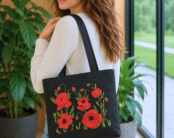 Bolso tote bordado a mano con amapolas rojas, bolso de hombro de mezclilla con bordado de cinta, regalo floral para mujer, bolso tote grande