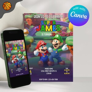 Convite de aniversário do Super Mario, modelo de convite de aniversário do Mario para impressão editável, convite do Super Mario Bros, modelo editável Canva