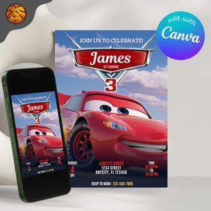 Lightning McQueen Invitation - Editable Cars Birthday Invitation, Kids Birthday Party, Personalized Canva Printable Digital Invite