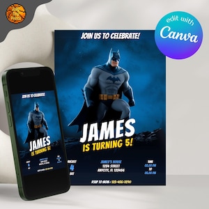 Editable Superhero Invitation | Bat Party Invite & Printable Kids Birthday | Instant Download Canva Template