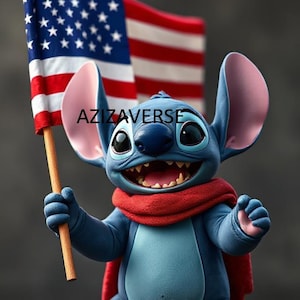 Lindo arte de pared de extraterrestre azul PNG / Clipart inspirado en la bandera de Estados Unidos de Stitch / Descarga digital de 8x10 / Impresión de dibujos animados kawaii