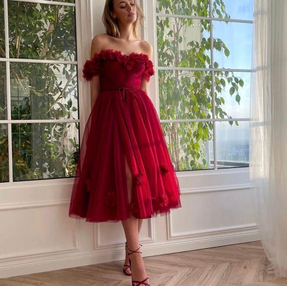 Red 3D Flowers Tulle off Shoulder Prom Dress, Elegant Graduation, Dress,wedding  Guest Dress, Wedding Dress,graduation Dress,evening Dress. - Etsy