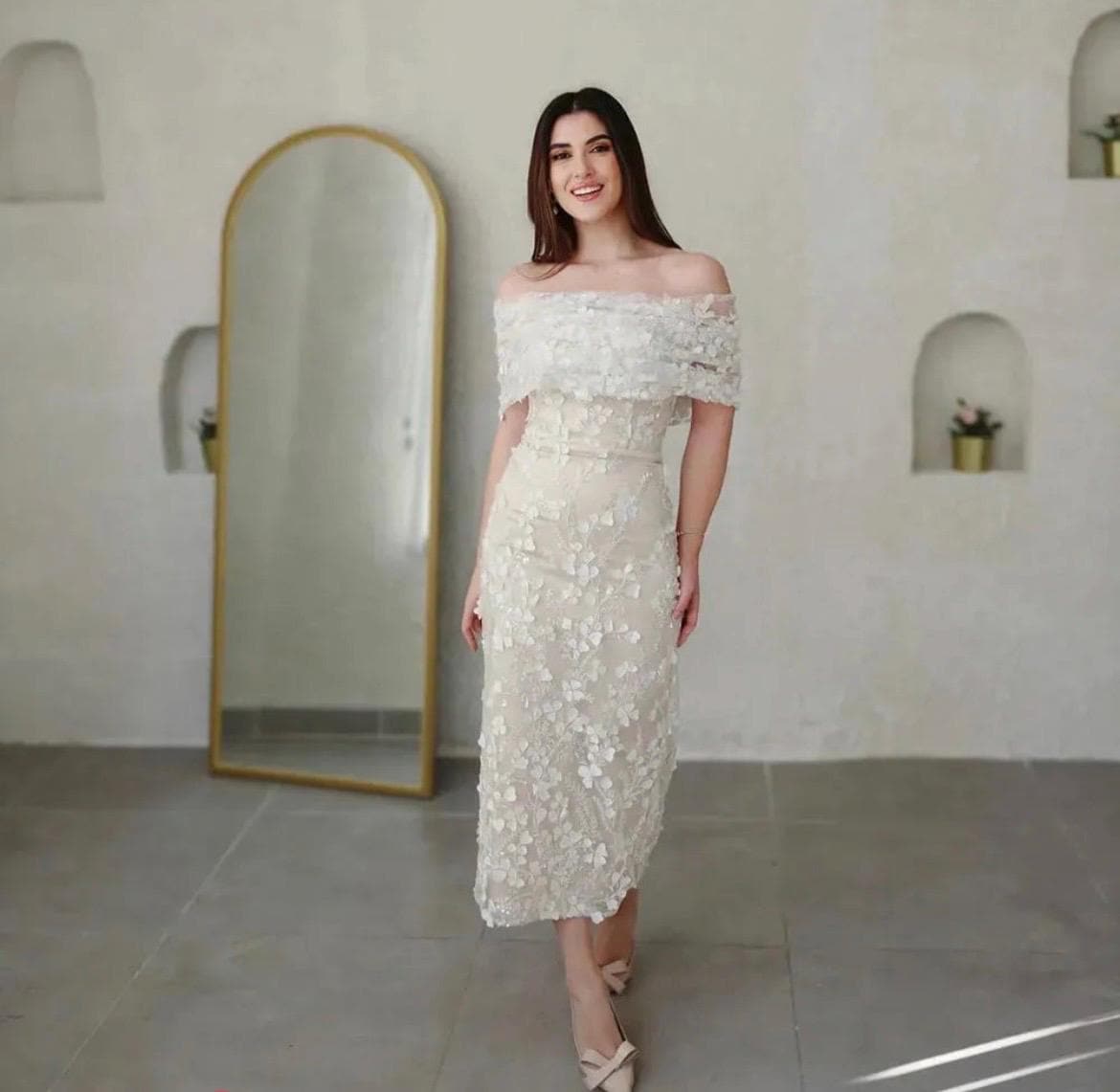 Elegant Champagne Off-shoulder Midi Dress - A-line Evening Gown With Floral  Embroidery for Weddings, Bridesmaids & Parties - Etsy