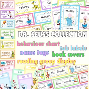 May include: A collection of Dr. Seuss-themed classroom supplies, including labels, book covers, and name tags. The image features colorful designs with characters and text from Dr. Seuss books, such as "Maths" and "Folders". The text "Dr. Seuss Collection" is also visible.