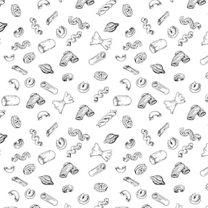 以下が含まれることがあります： ペンネ、スパゲッティ、マカロニなど、さまざまなパスタの形を白黒で描いたイラスト。イラストは白い背景の上にあります。