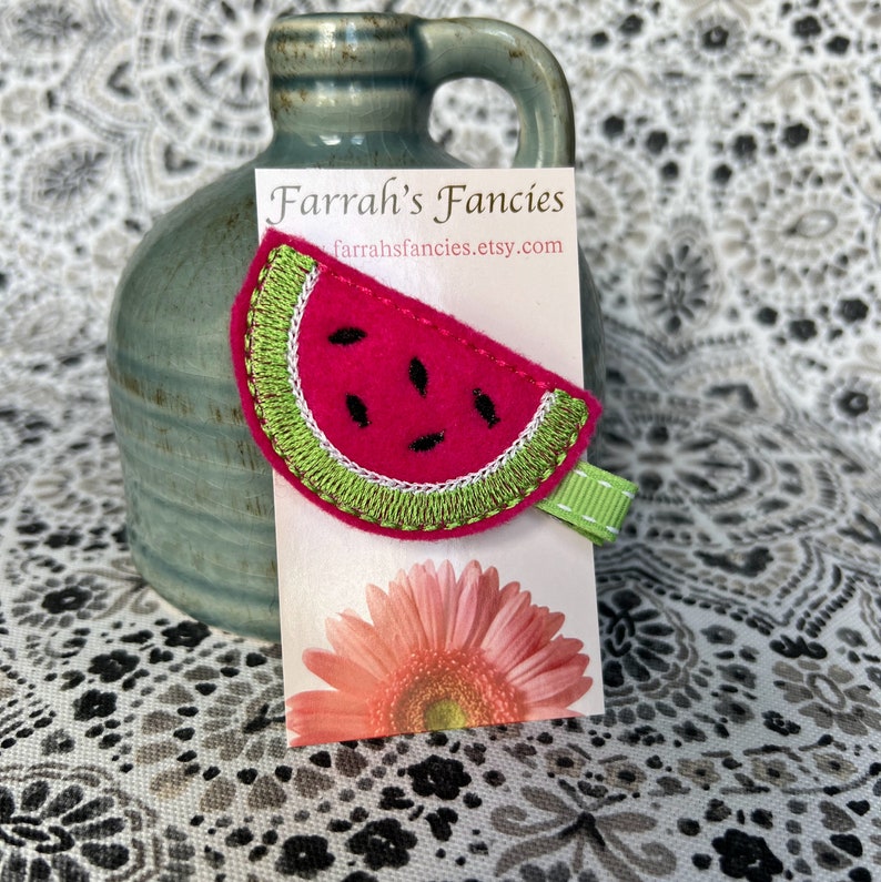 Watermelon felt hair clip. Hand sewn. Adorable summertime accessory Toddler hair clips. Little girl hair clips. Baby hair bows. Baby gift. image 2