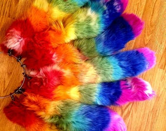 9/" Rainbow Stripes Faux Fur Fox Tail Key Chain Ring Purse Tassel Belt Clip
